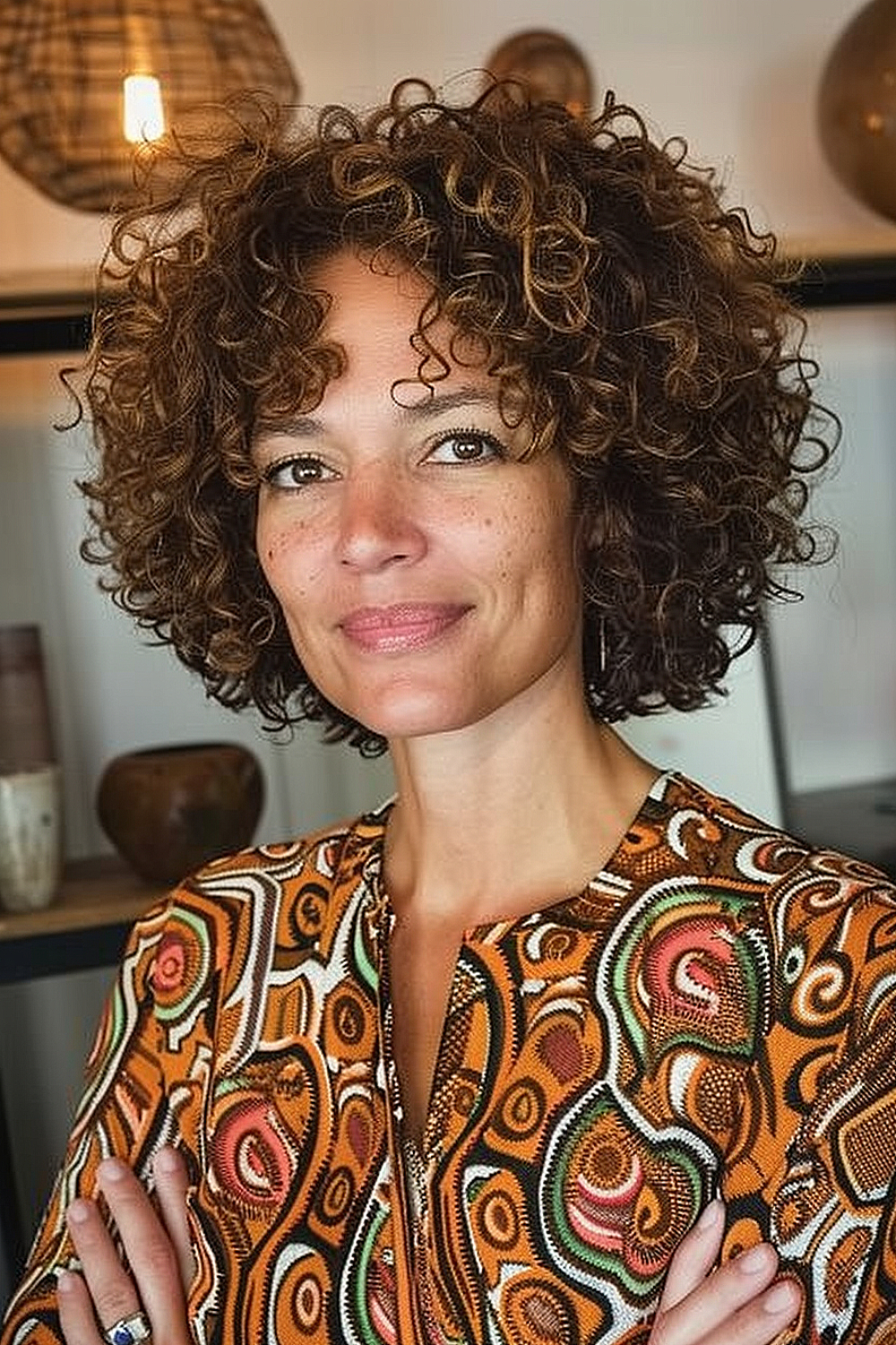 Woman with a curly layered bob showcasing her hair's natural texture and caramel highlights.