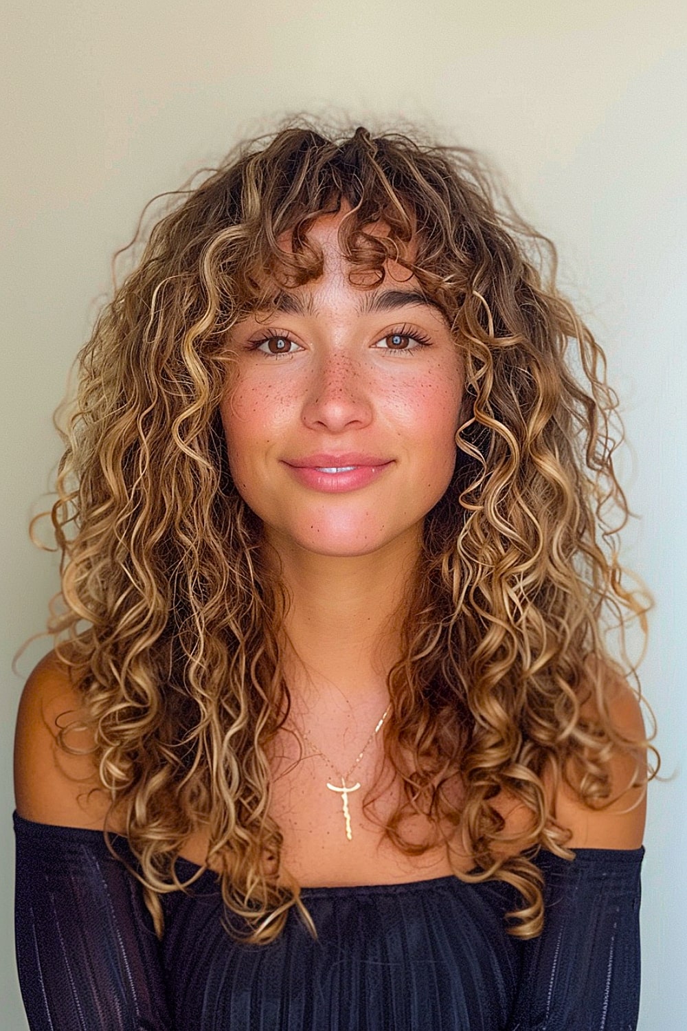 Curly layers with curtain bangs