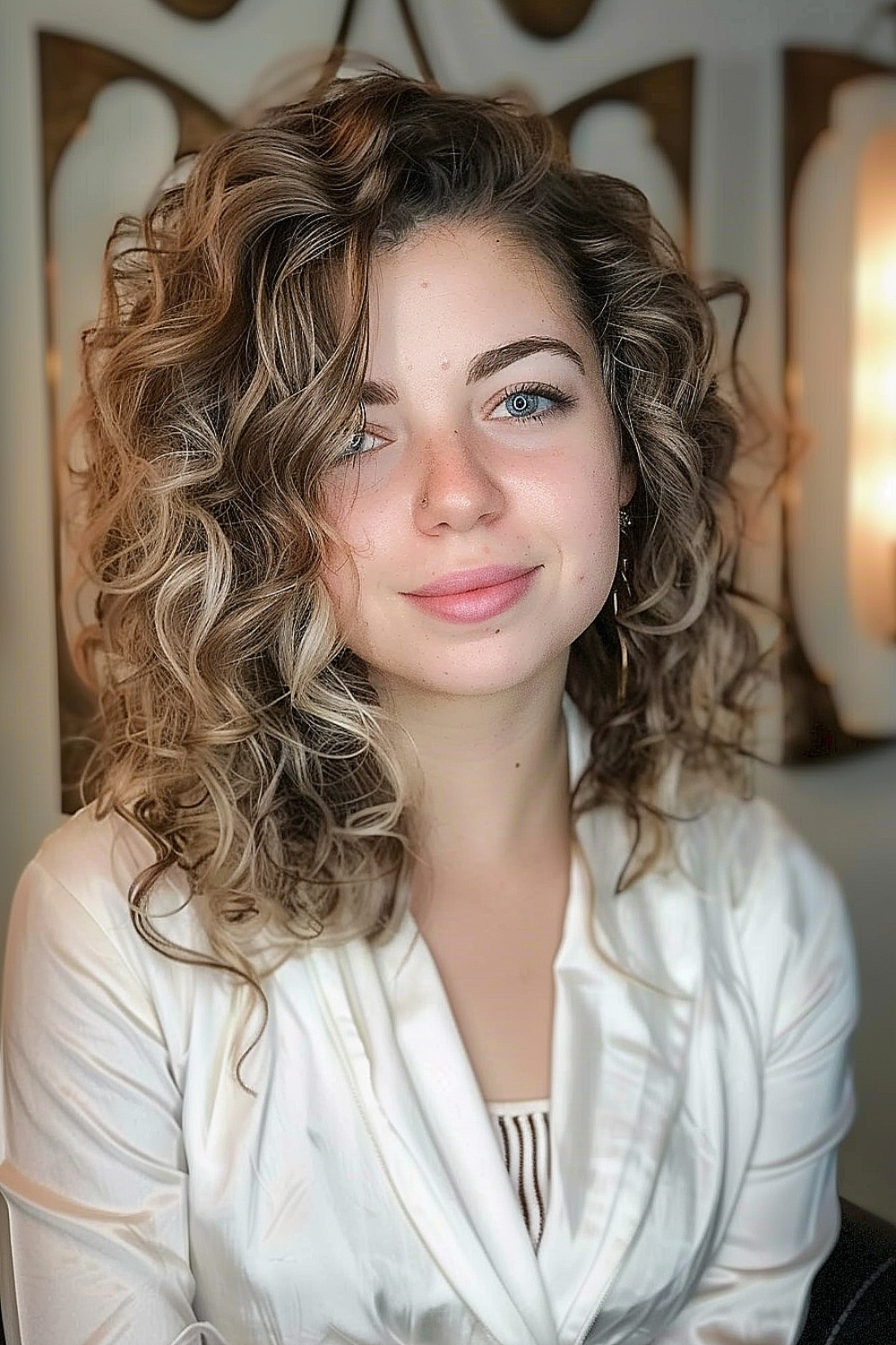 Woman with curly layers and a side part