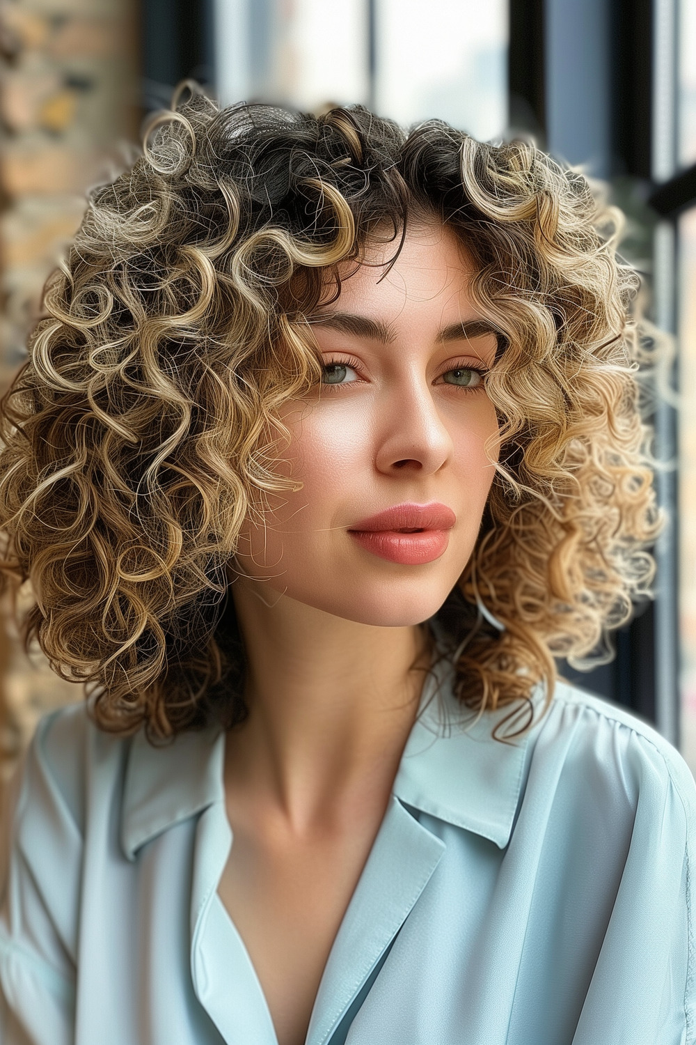 Curly lob with blonde tips