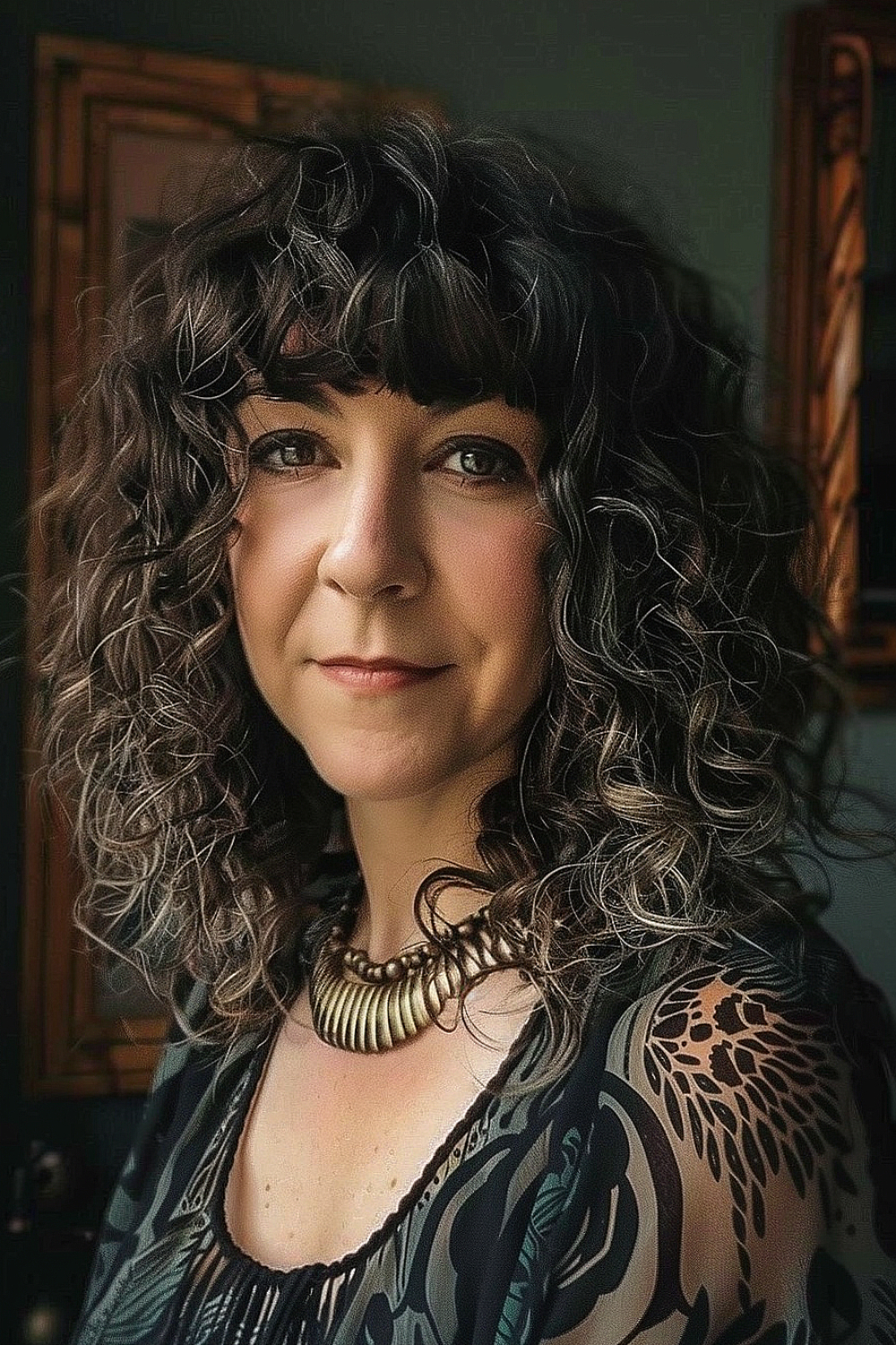 Woman with a curly lob haircut featuring voluminous curls and chic blunt bangs