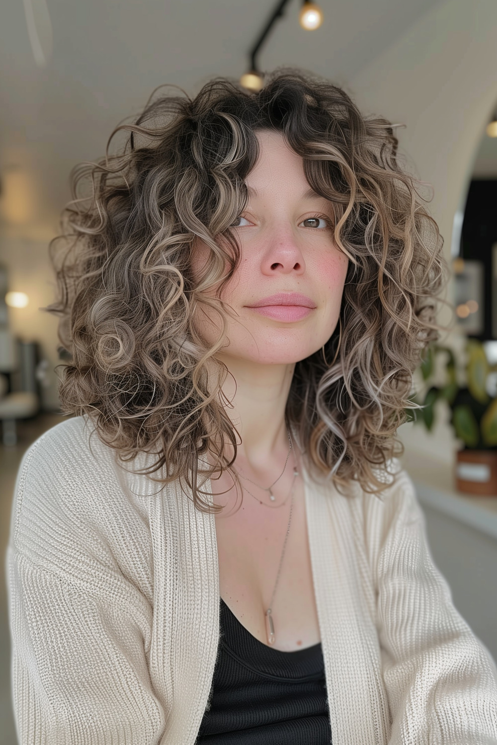 Curly lob with face-framing layers