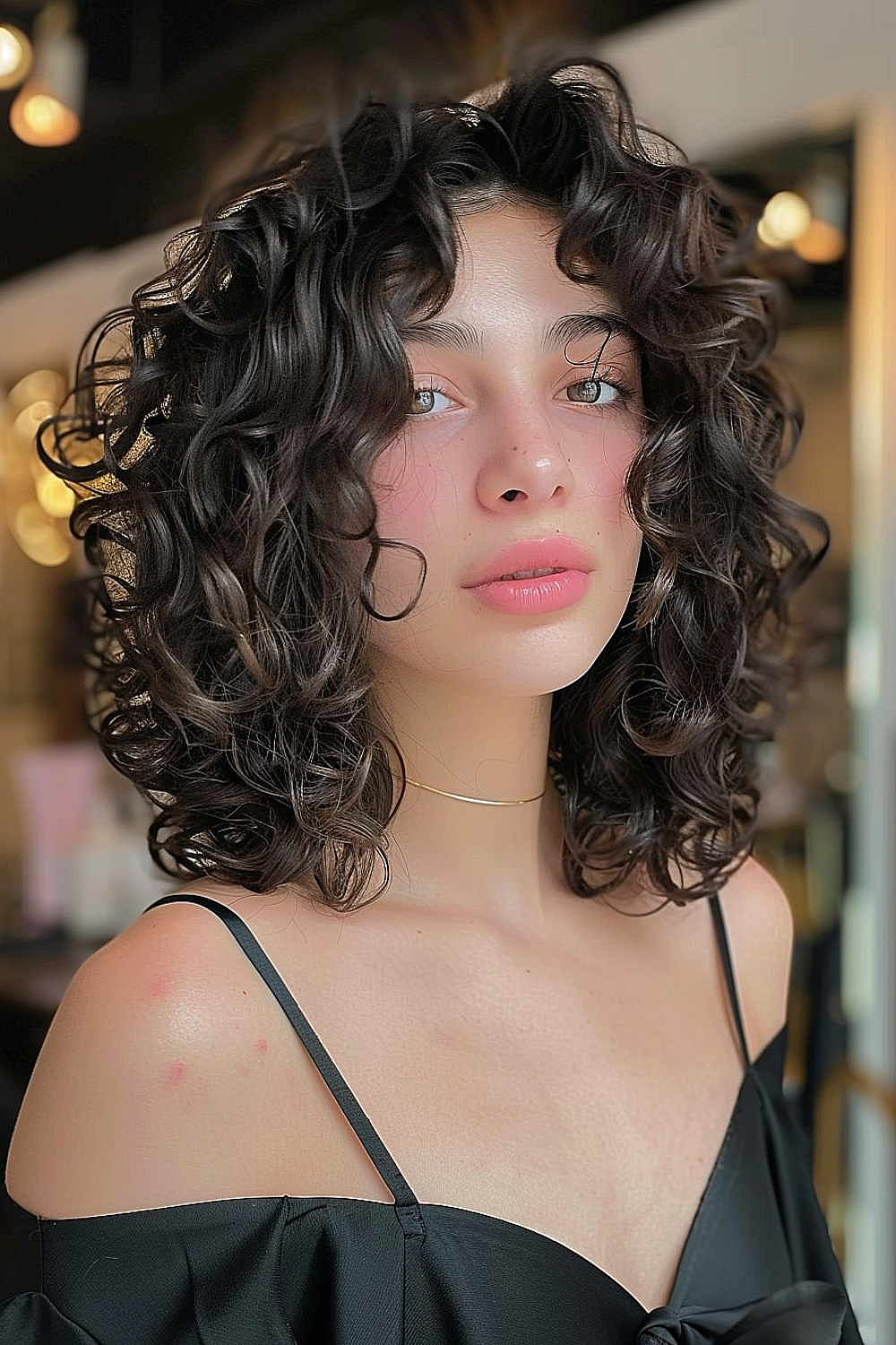 Woman with a curly lob and face-framing layers