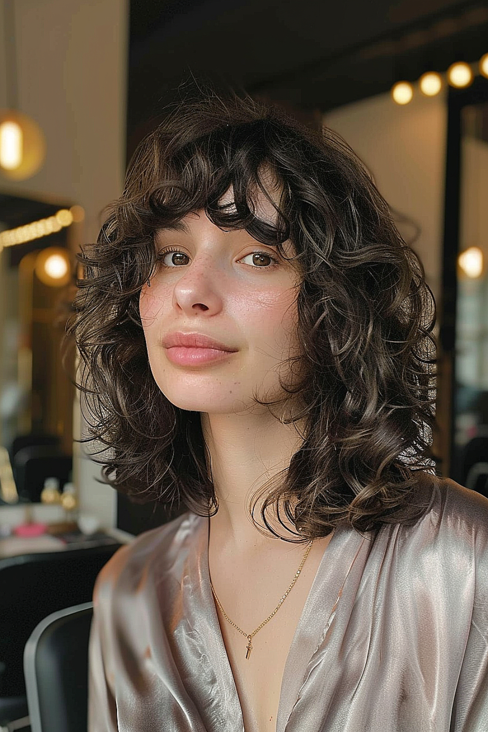 Curly lob hairstyle with soft bangs