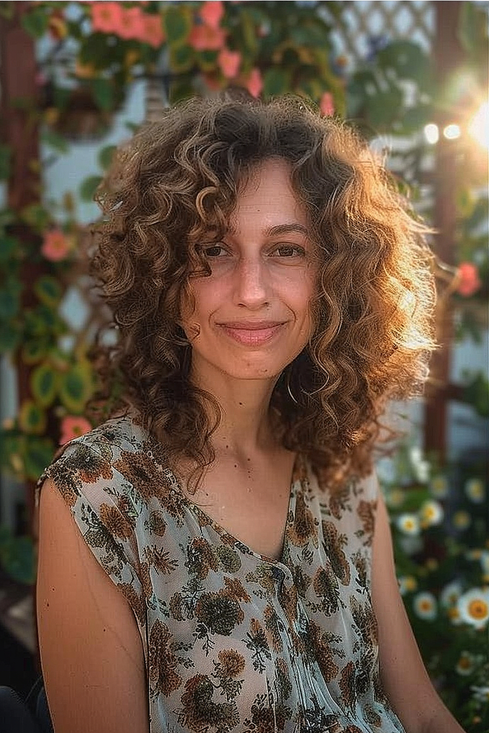 Woman over 50 with a curly lob adorned with subtle lowlights