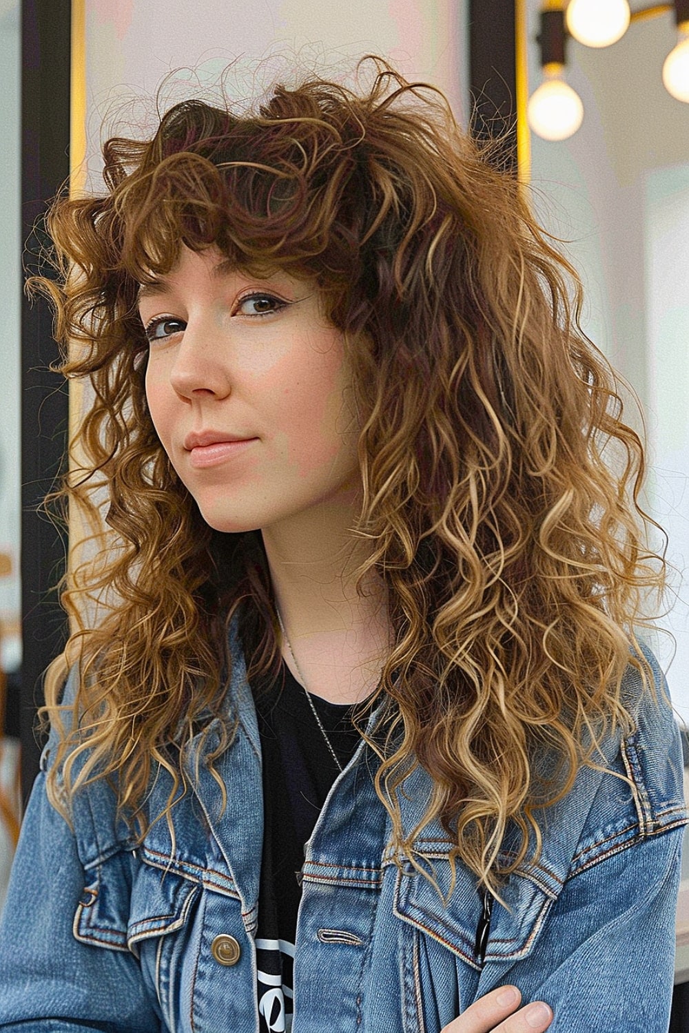 Woman with a curly medium shag haircut and fringes