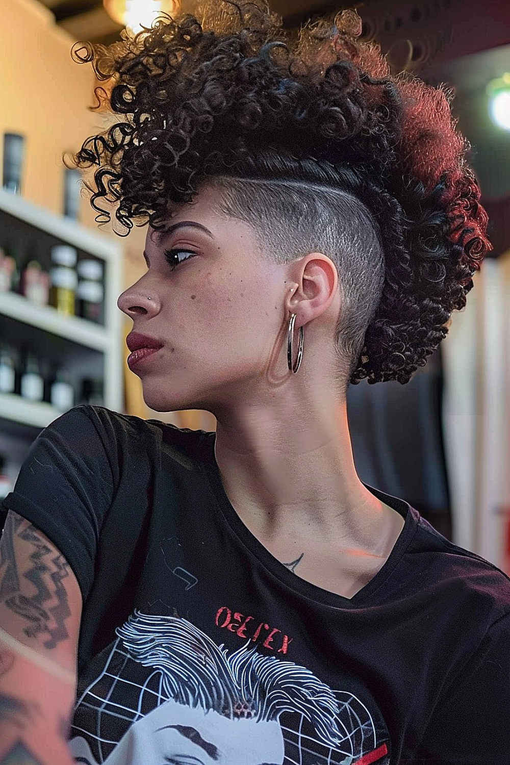 Woman with a curly mohawk hairstyle