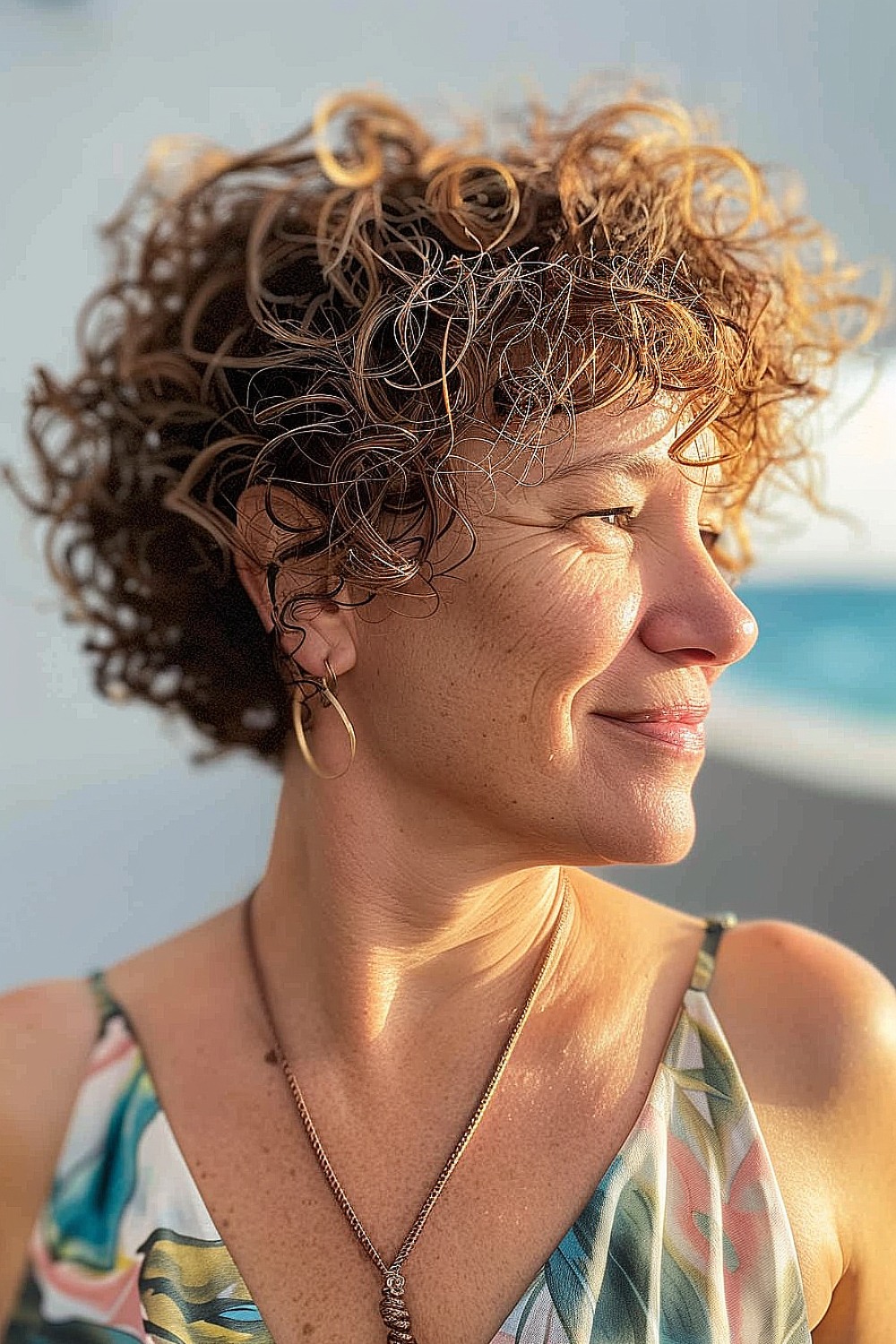 A woman with a curly pixie cut enhanced by caramel highlights, showcasing natural texture