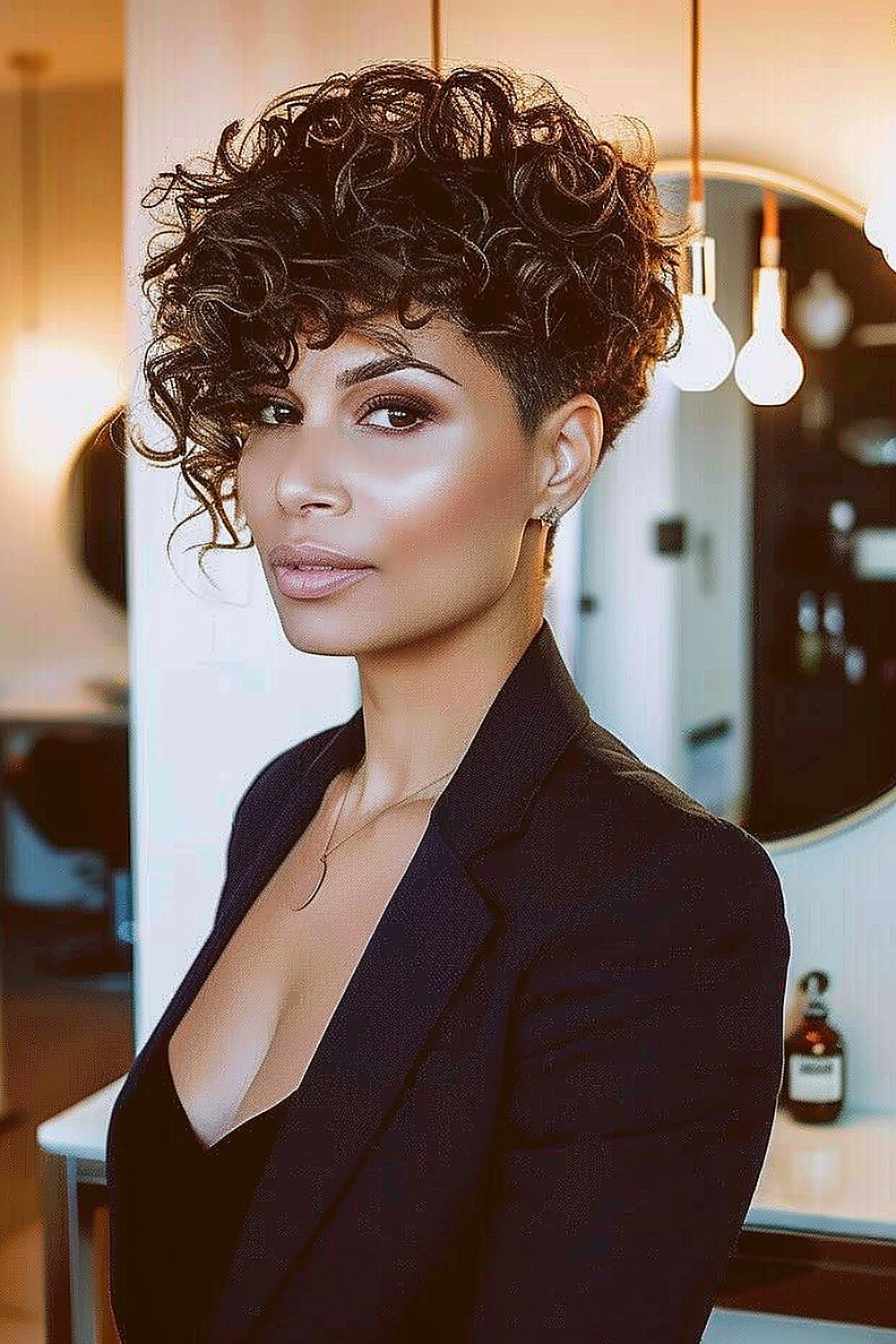 Woman with chic curly pixie cut and long bangs