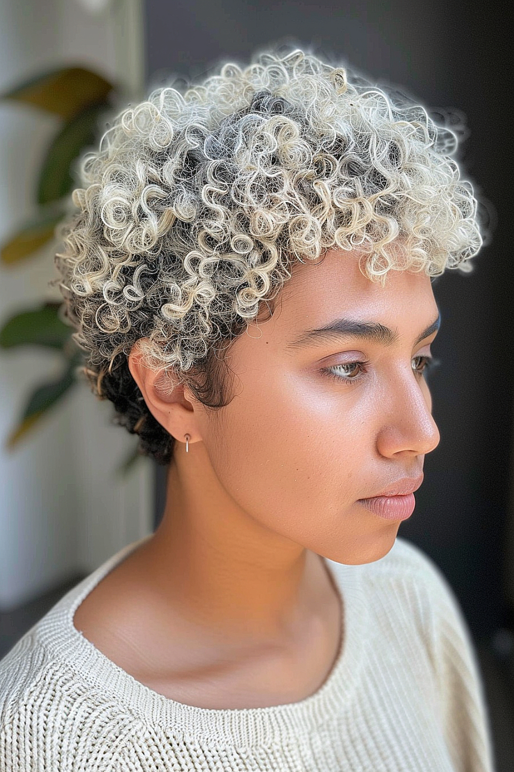 Curly pixie cut with platinum highlights