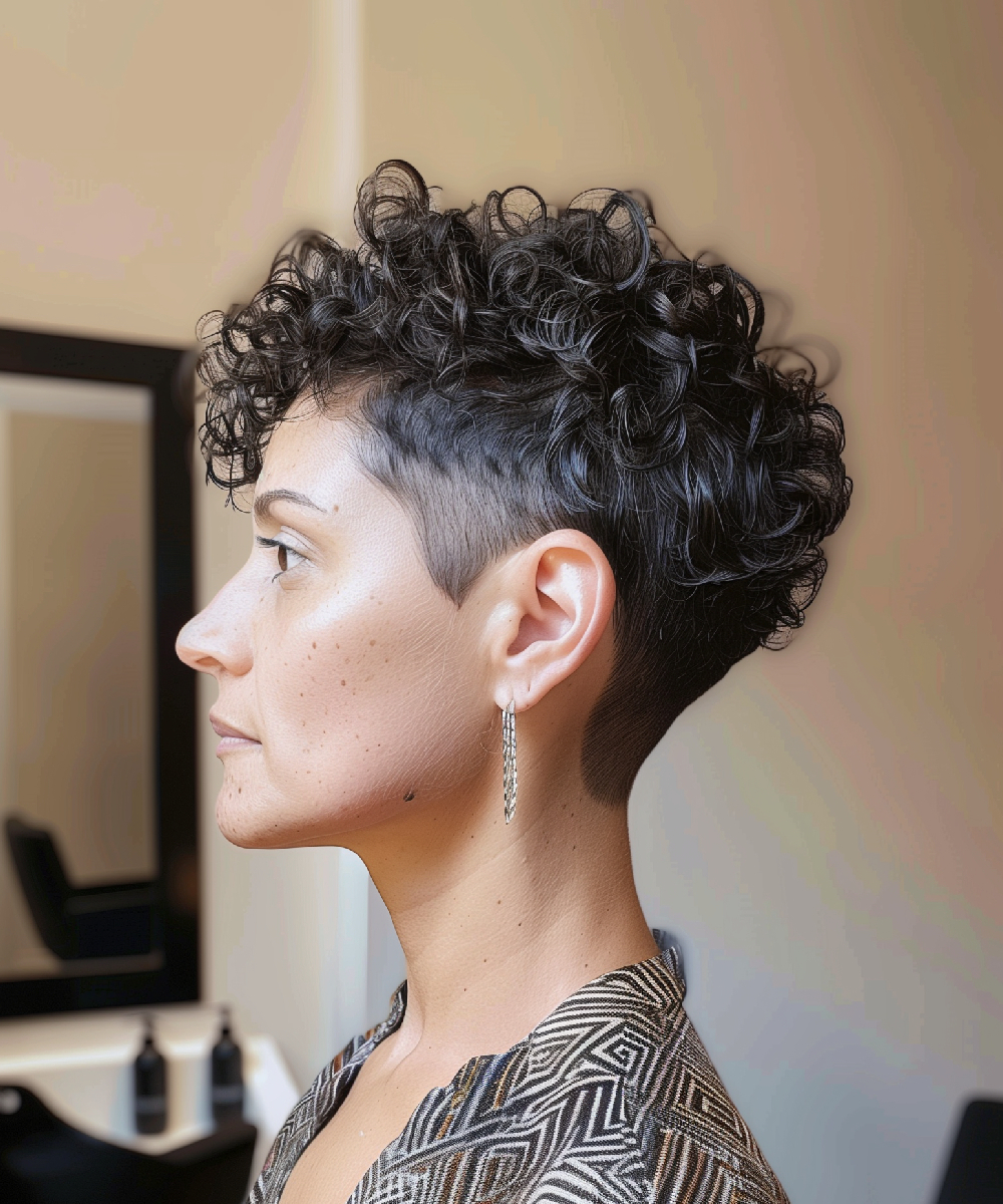 Curly pixie cut with tapered neckline