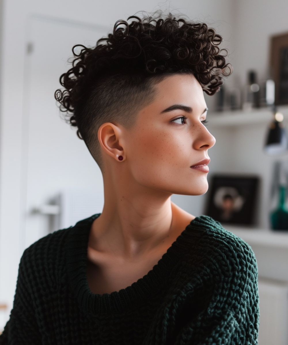 Curly pixie cut with tapered sides