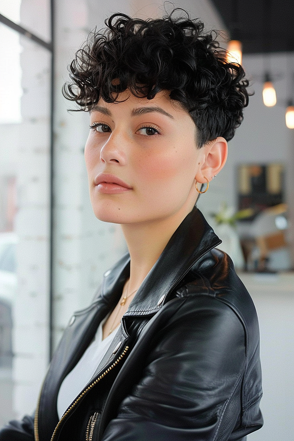 Woman with a curly pixie cut hairstyle