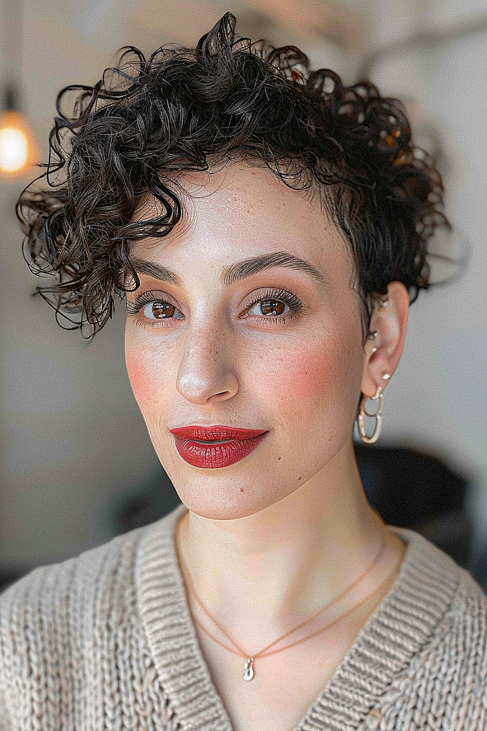 Curly pixie cut with defined curls for fine hair