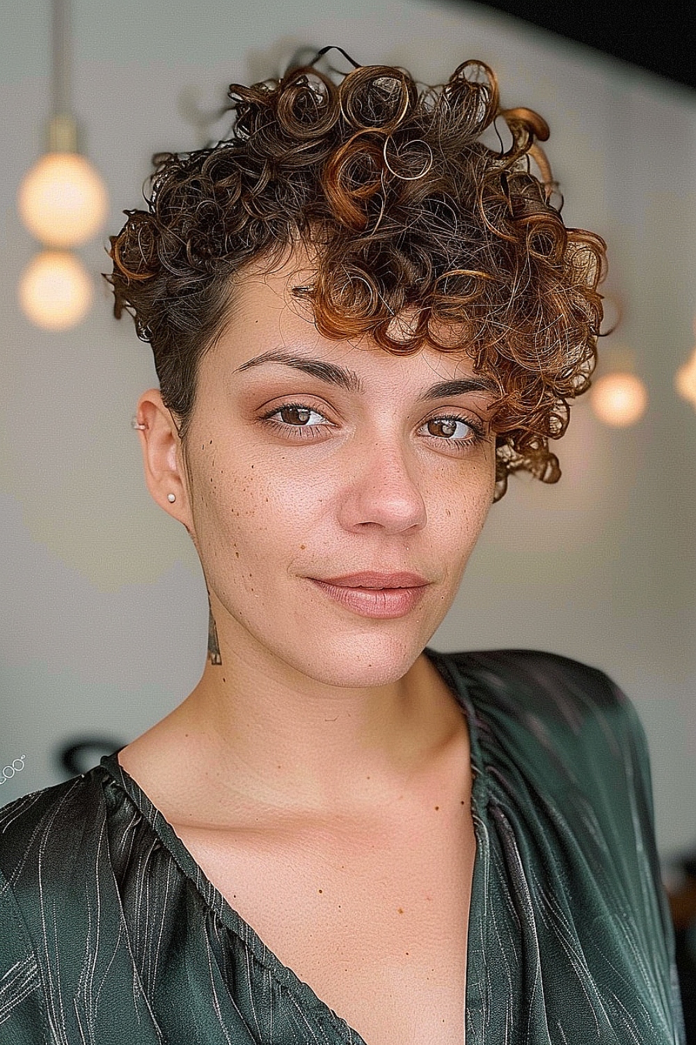 Curly pixie cut with an asymmetrical design