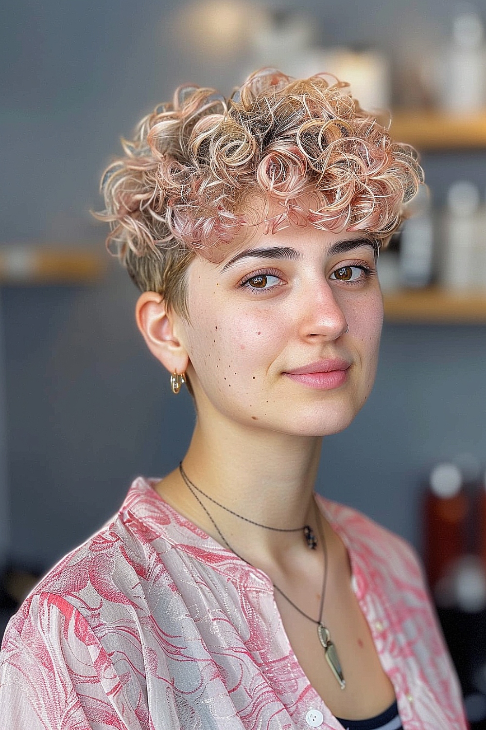 Curly pixie cut with bold, colorful highlights