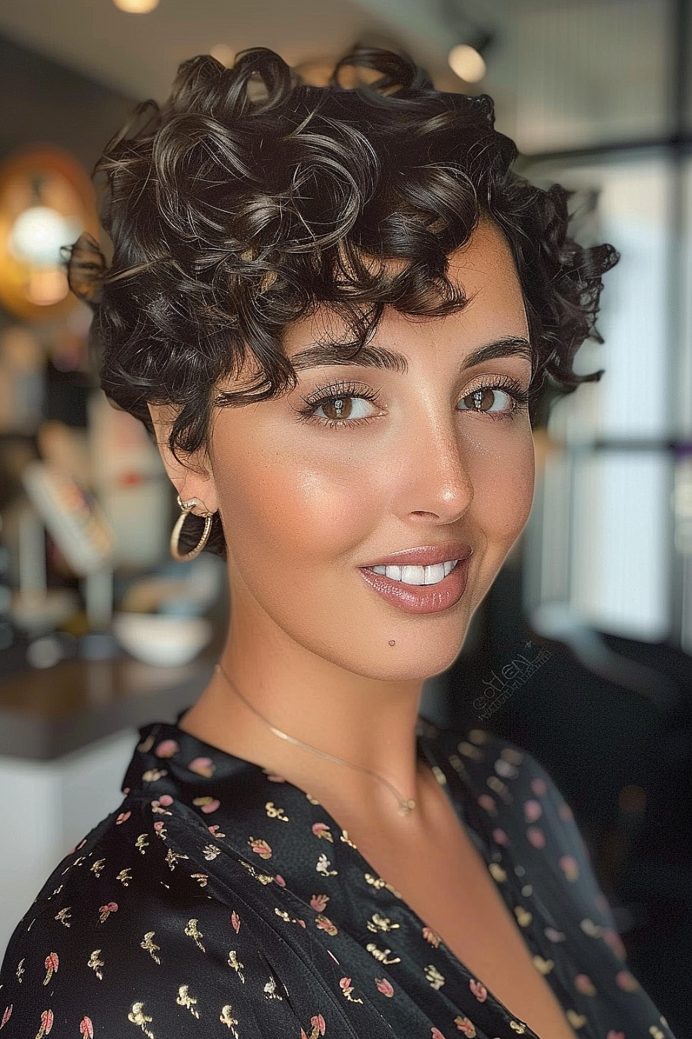 Curly pixie cut with a deep side part