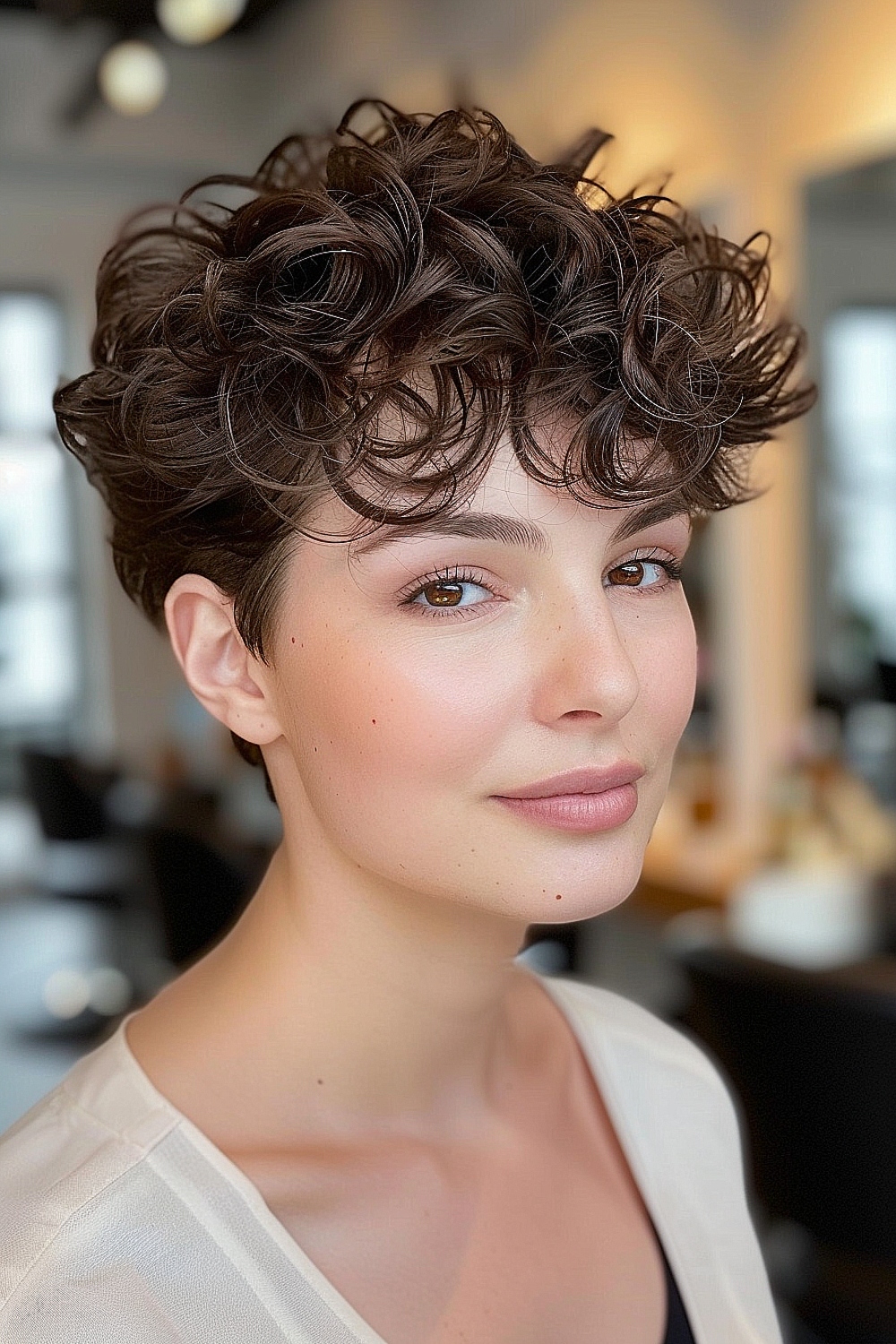 Curly pixie cut with a feathered top