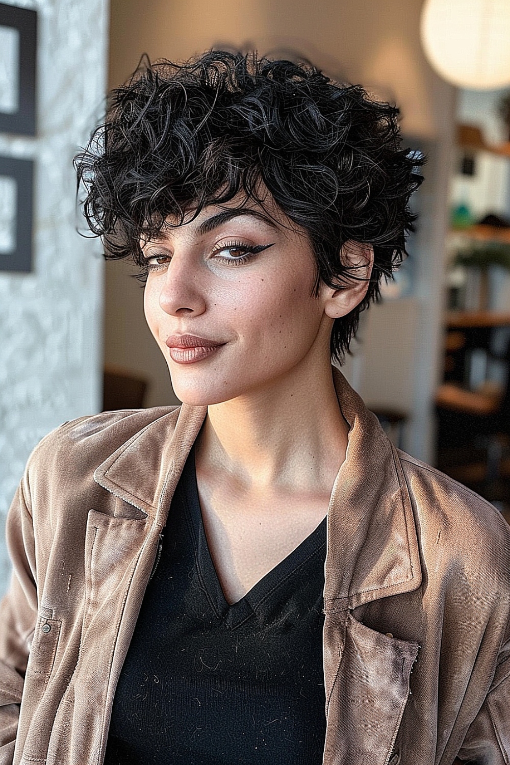 Curly pixie cut with a fringe