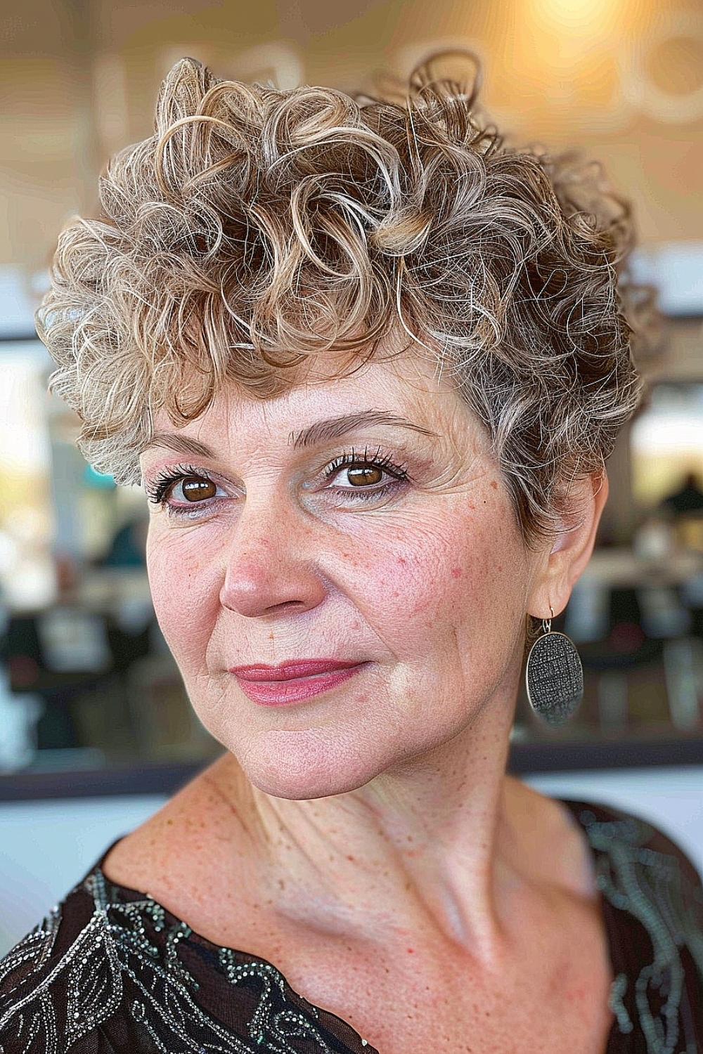 Curly pixie cut with highlights for women over 60