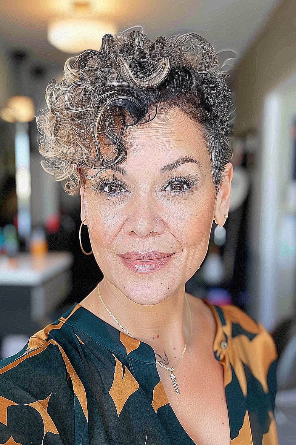 Curly pixie cut with a side part and highlights for women over 50