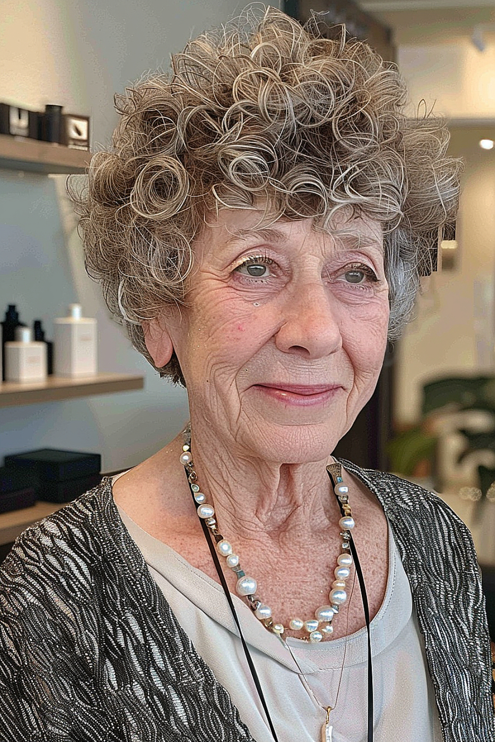 Woman with a curly pixie cut and soft fringe.