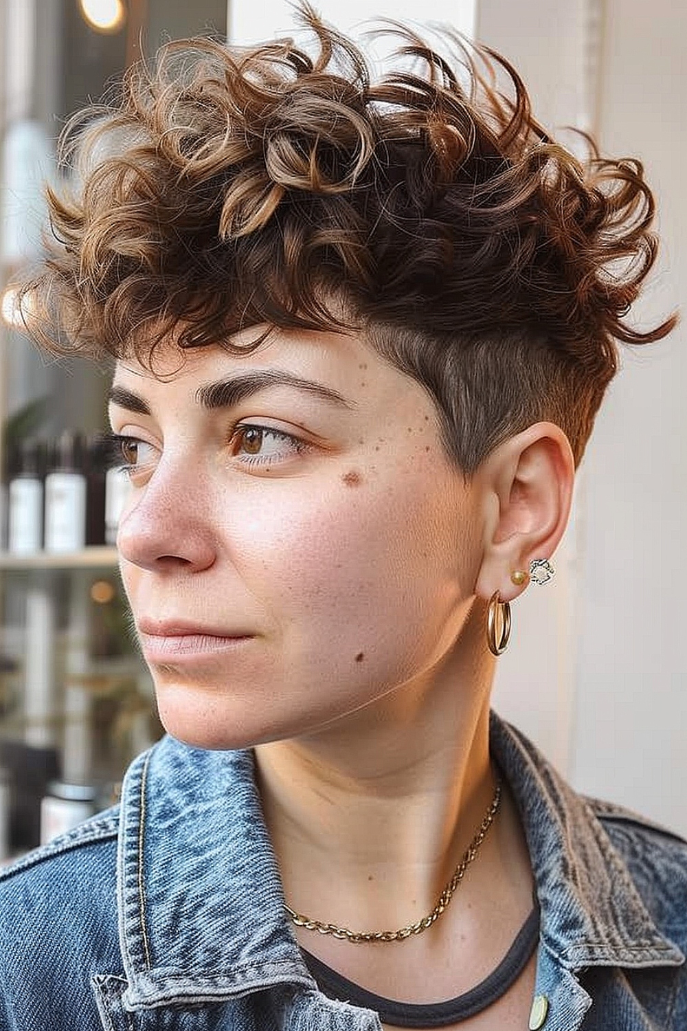 Curly pixie cut with a spiky top and tapered sides