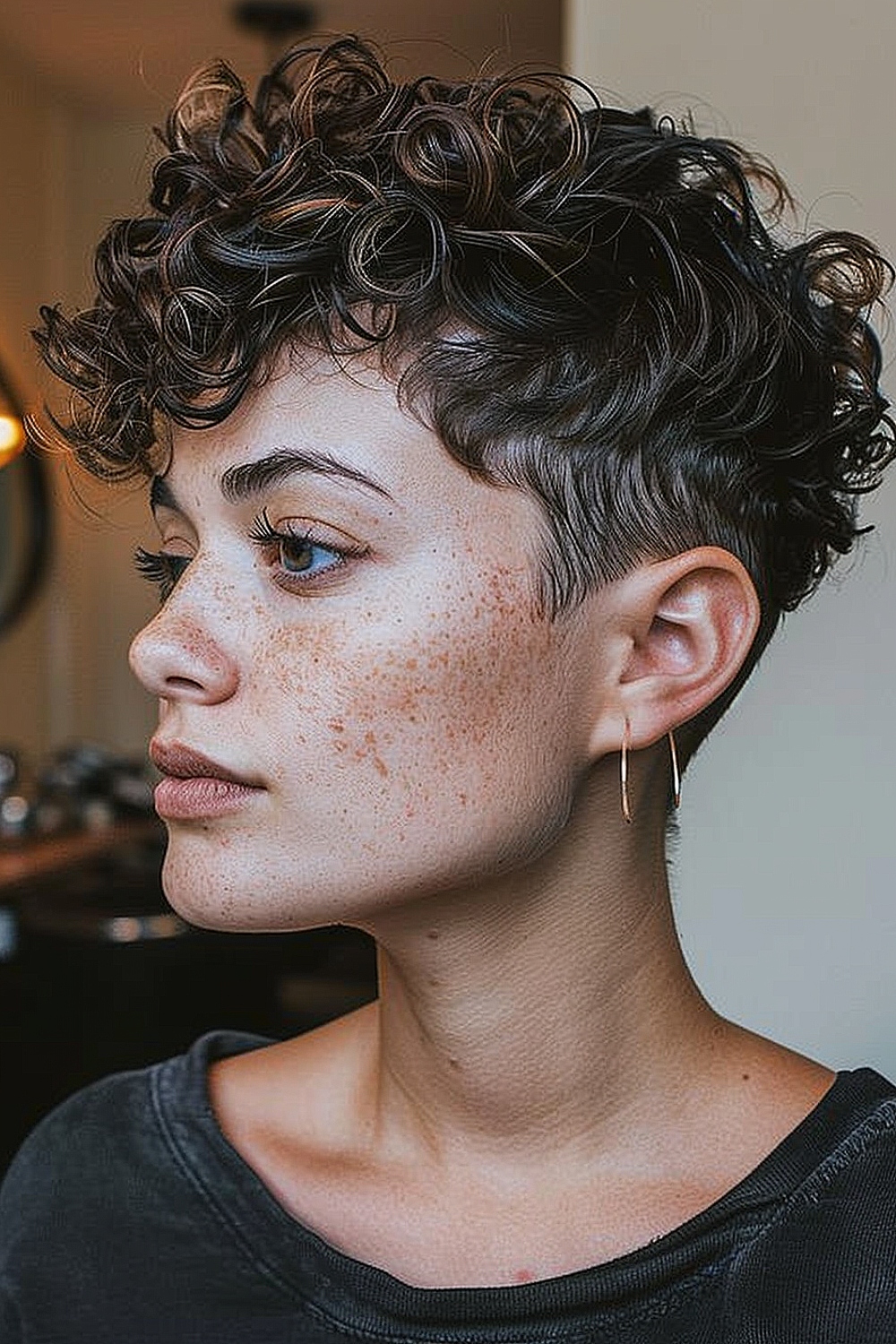 Curly pixie cut with a subtle fade