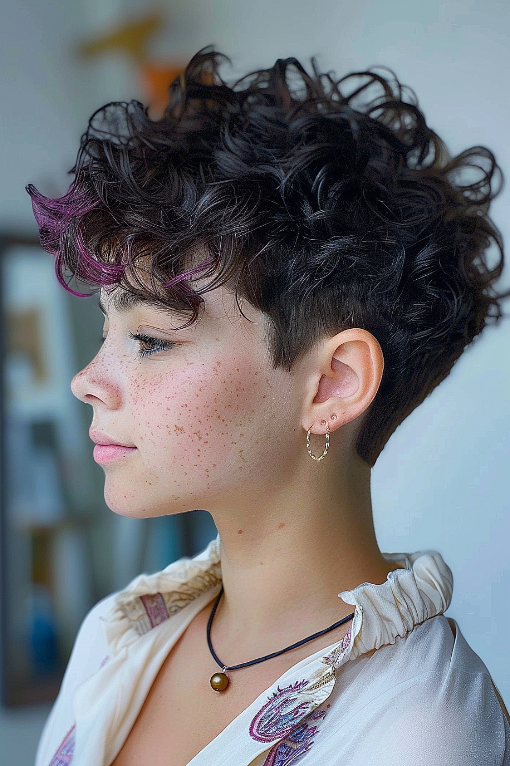 Curly pixie cut with a tapered nape and subtle color accents