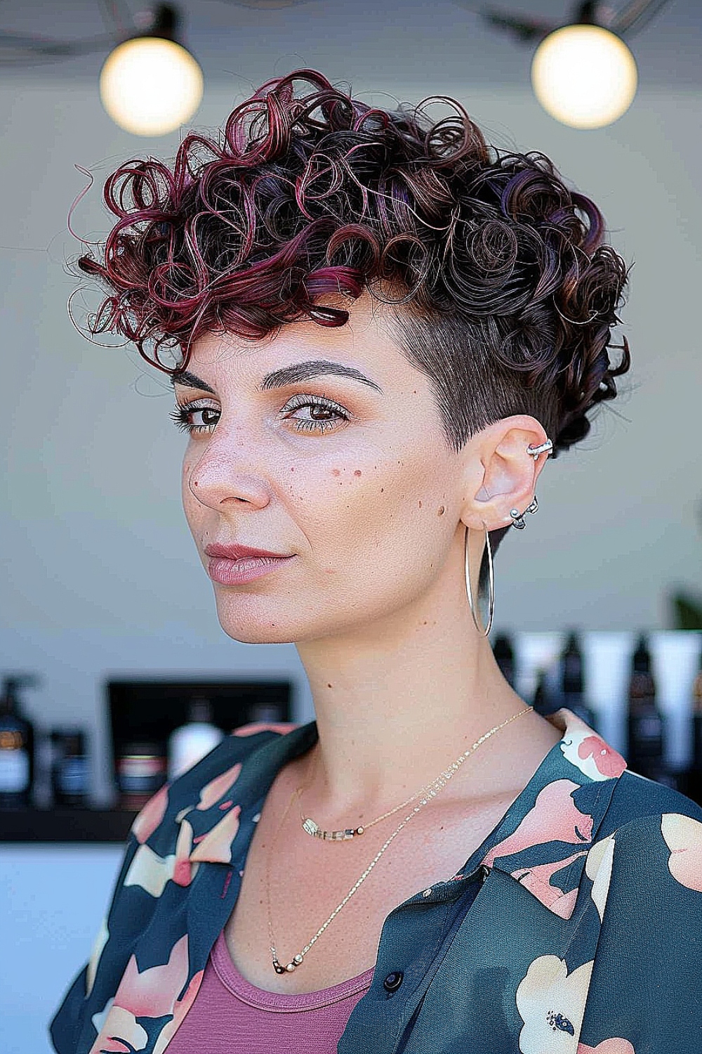 Curly pixie cut with tapered sides and pink highlights