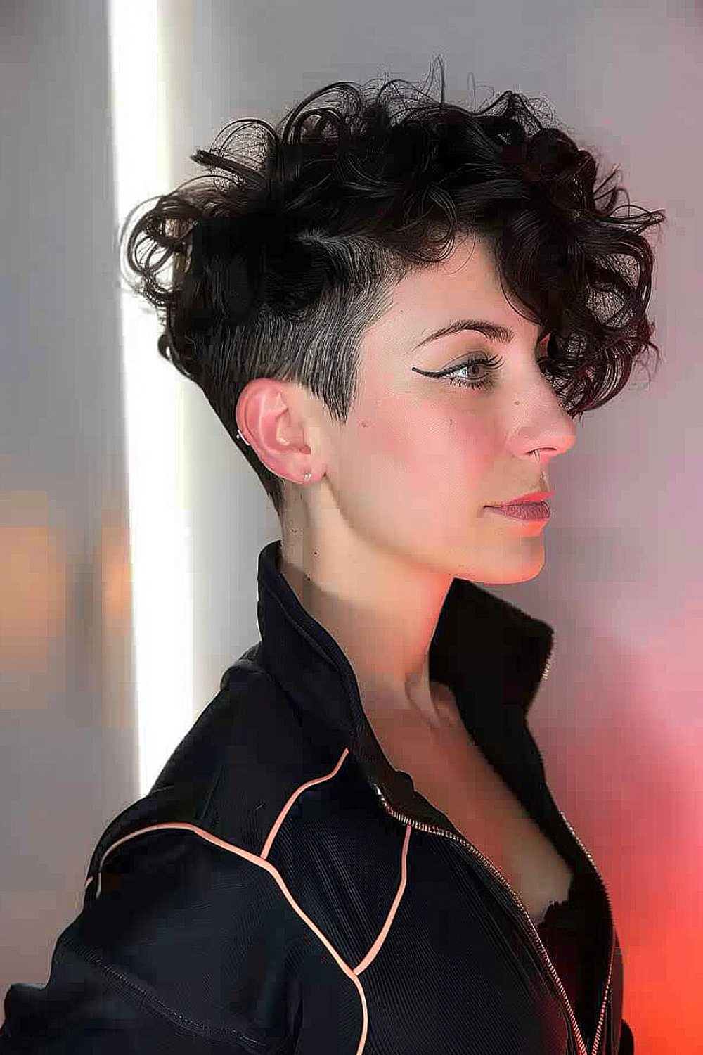 Woman with a curly pixie hairstyle featuring tapered sides