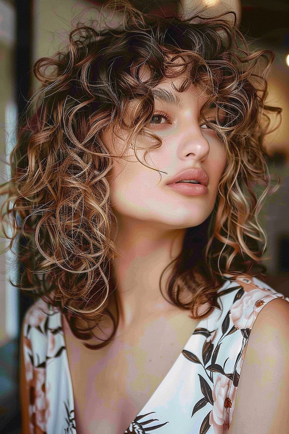 Woman with a curly shag haircut and curly fringe