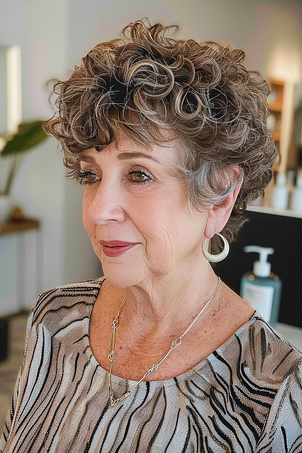 Curly shag pixie haircut for women over 60 with voluminous curls