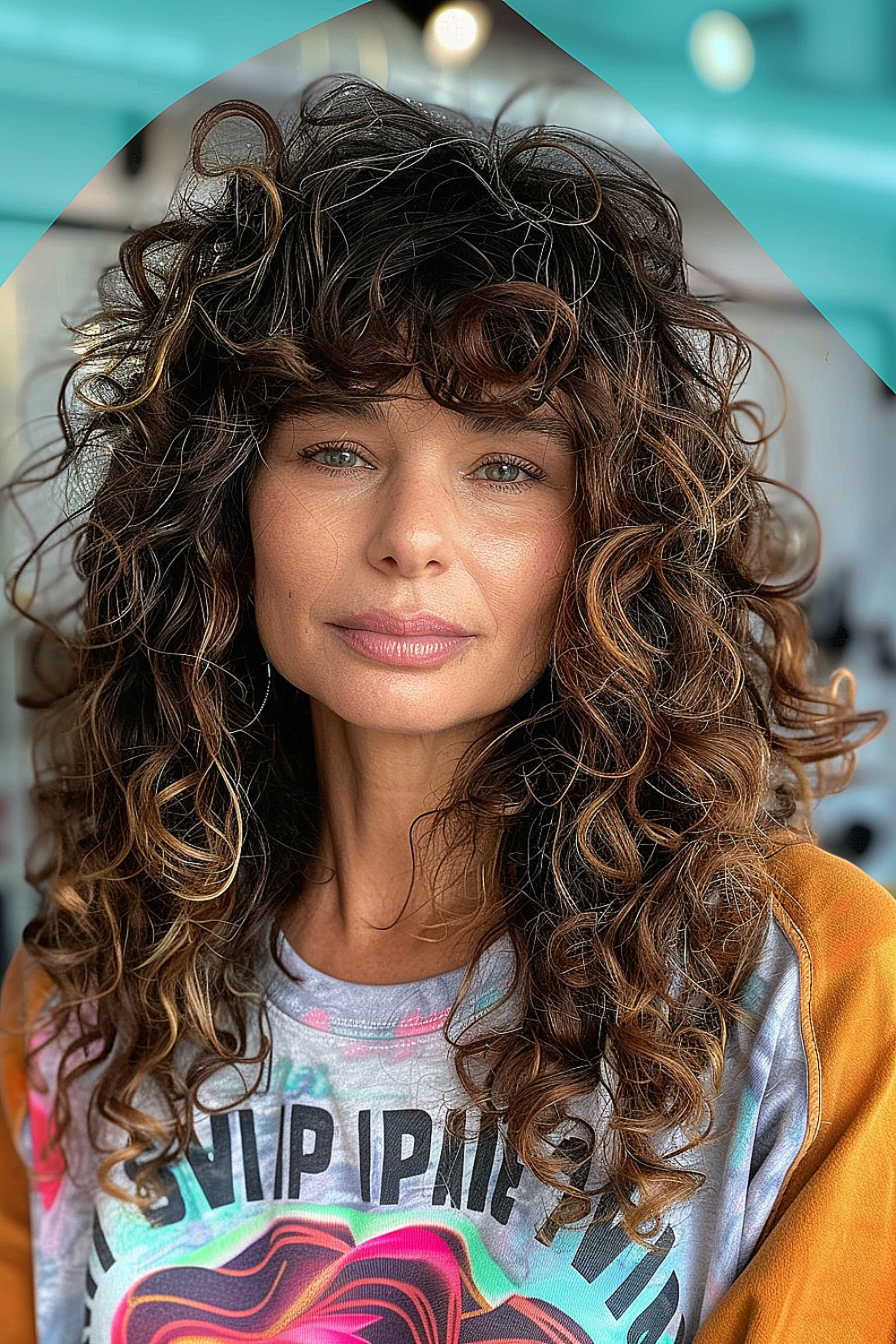 Curly shag haircut with voluminous curls and playful bangs for mature women