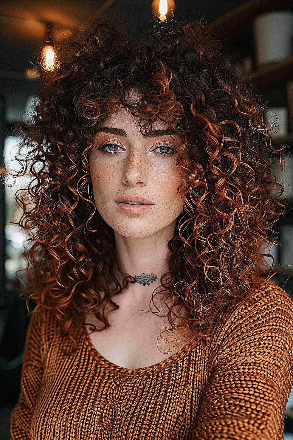 Curly shag haircut with vibrant copper highlights