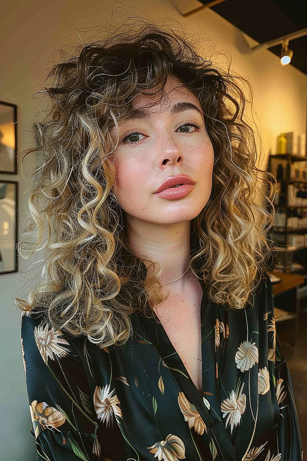 Curly shag haircut with a deep side part and voluminous layers