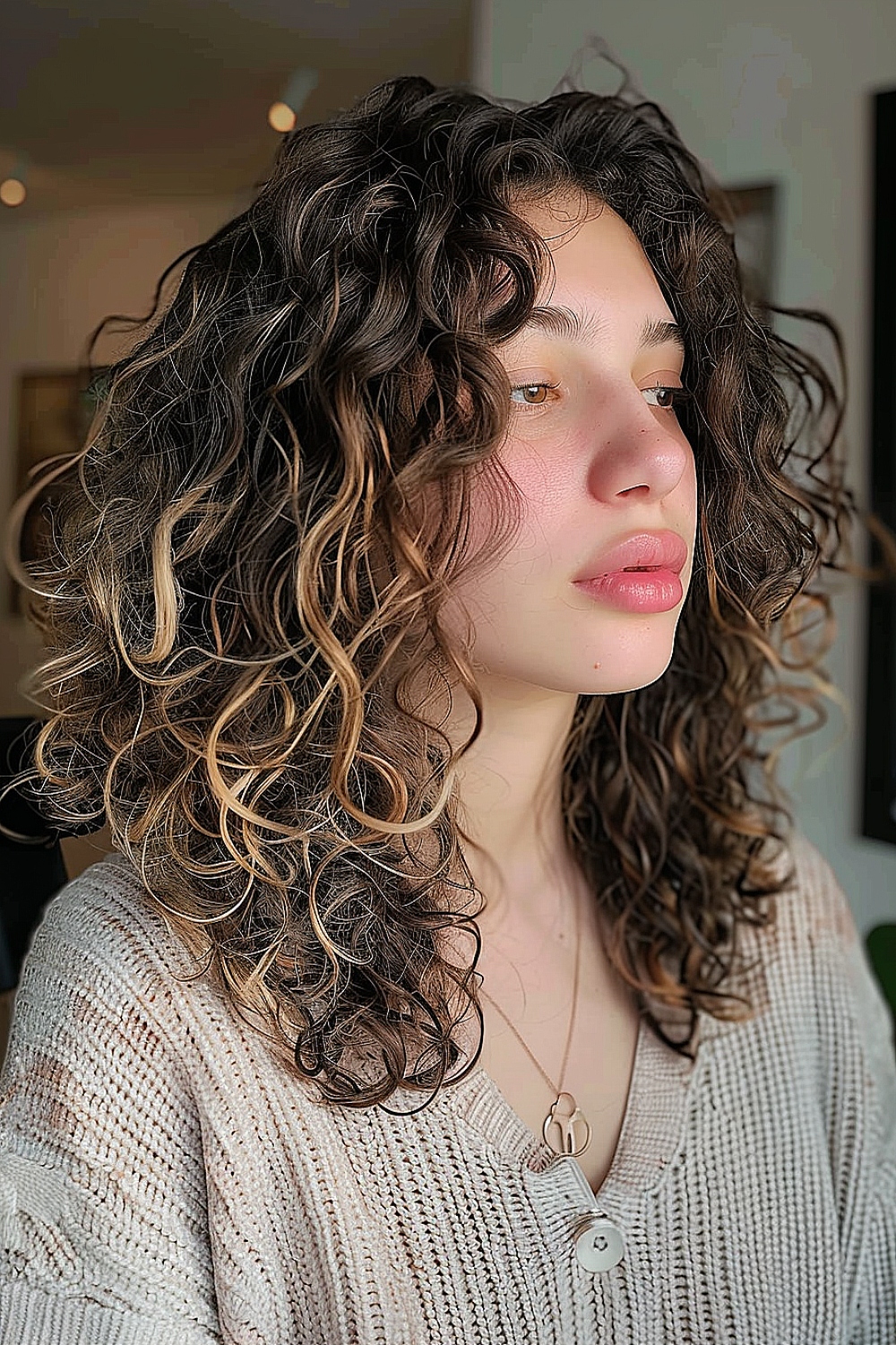 Curly shag haircut with face-framing layers and subtle highlights