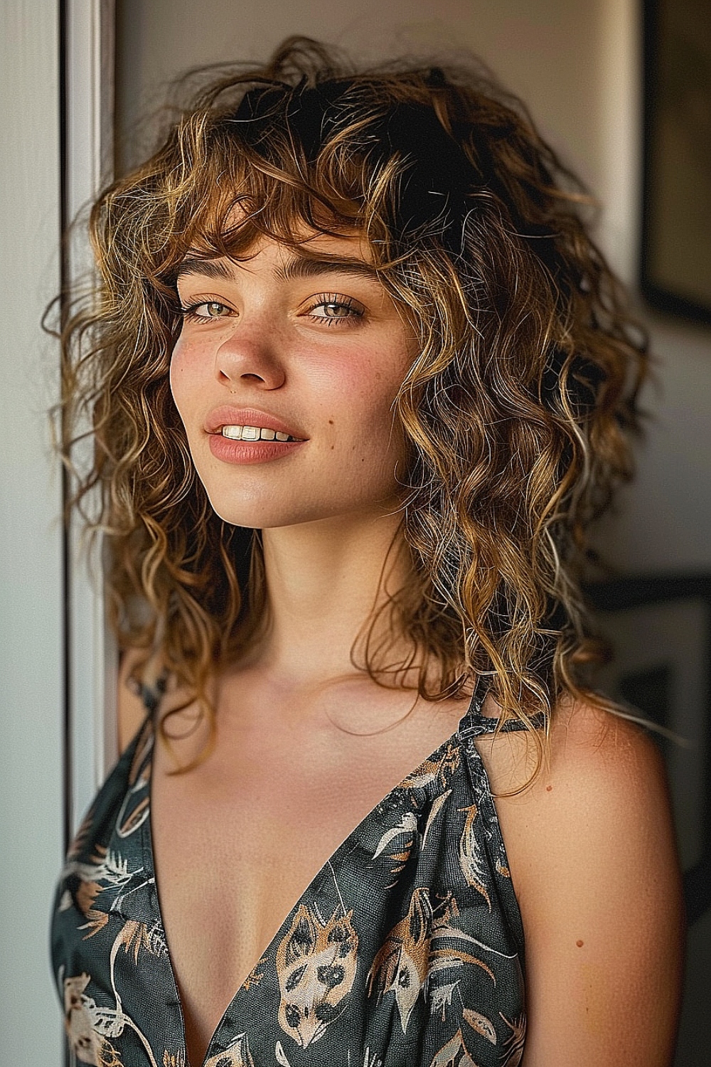 Curly shag haircut with feathered ends and textured bangs