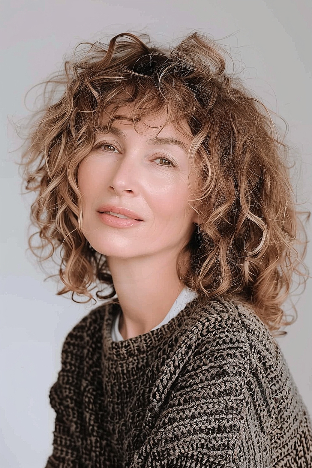 Woman with curly shag haircut and highlights for women over 50