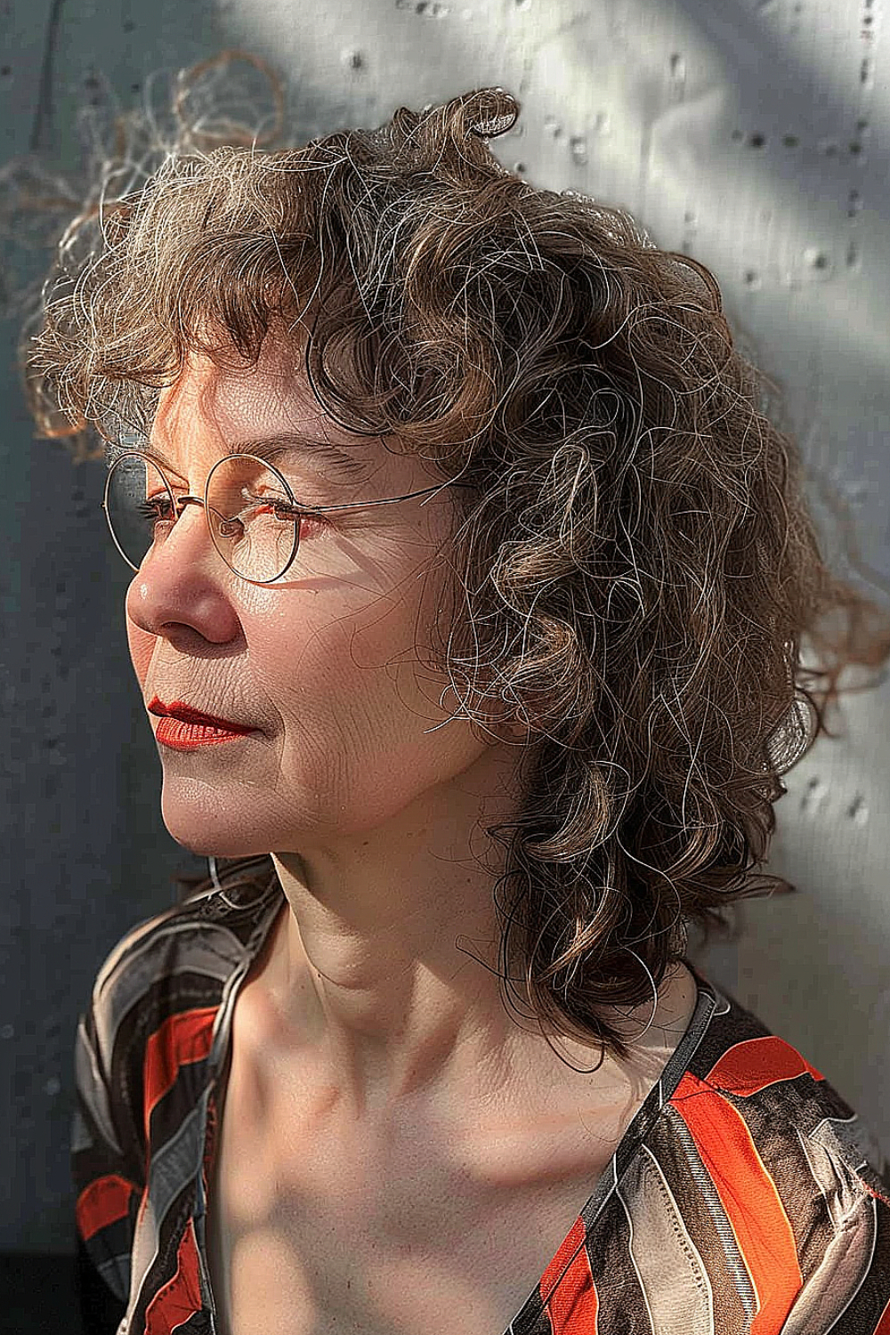 A woman with a curly shag hairstyle and micro bangs