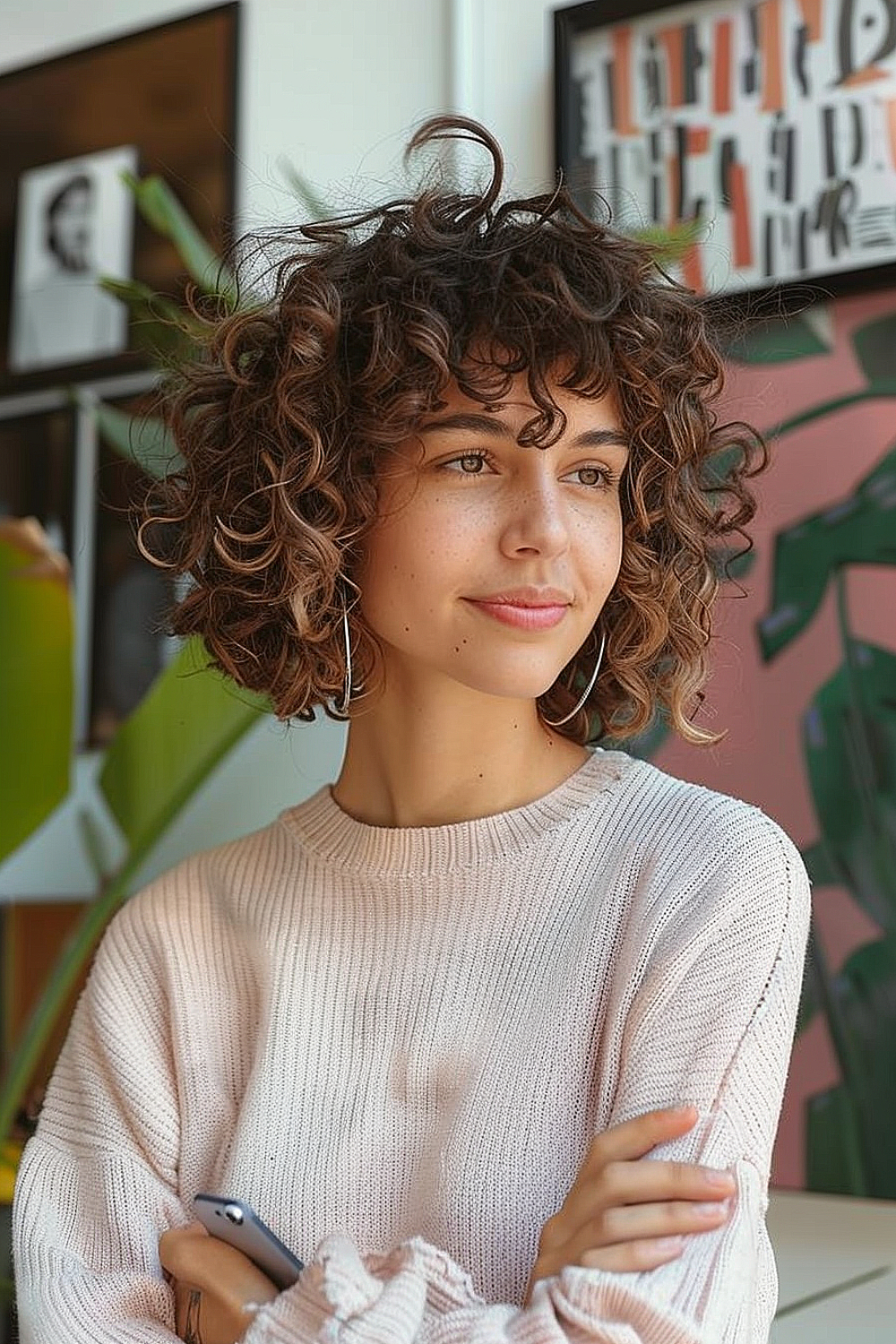 Woman with a curly shag haircut emphasizing natural curls