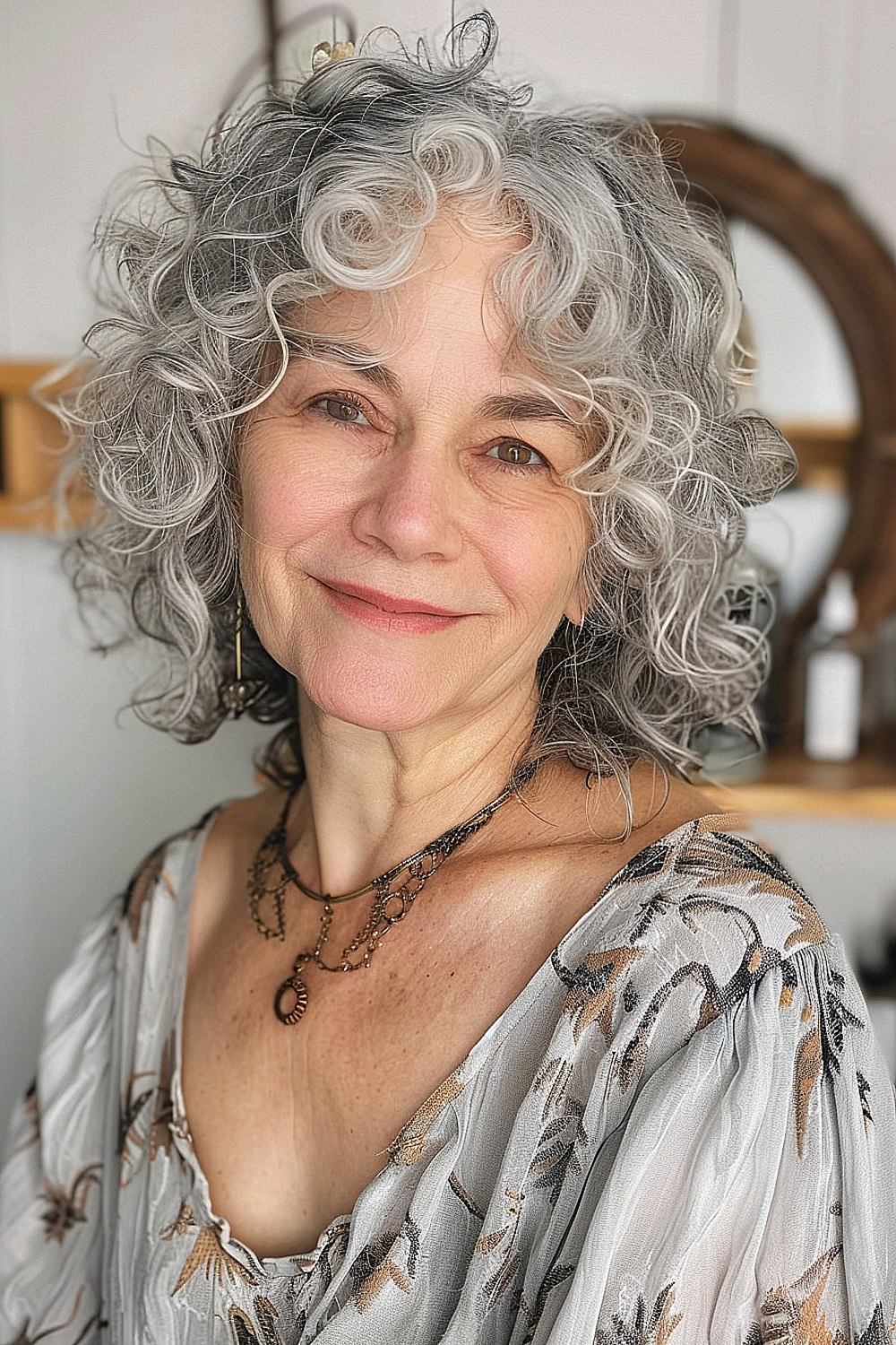 A woman with a curly shag hairstyle showcasing natural gray tones and voluminous curls