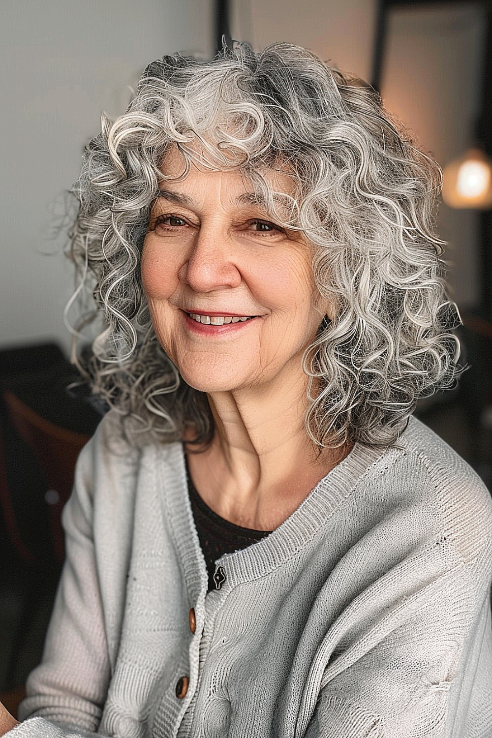 Curly shag haircut with natural grey blending on a woman over 70