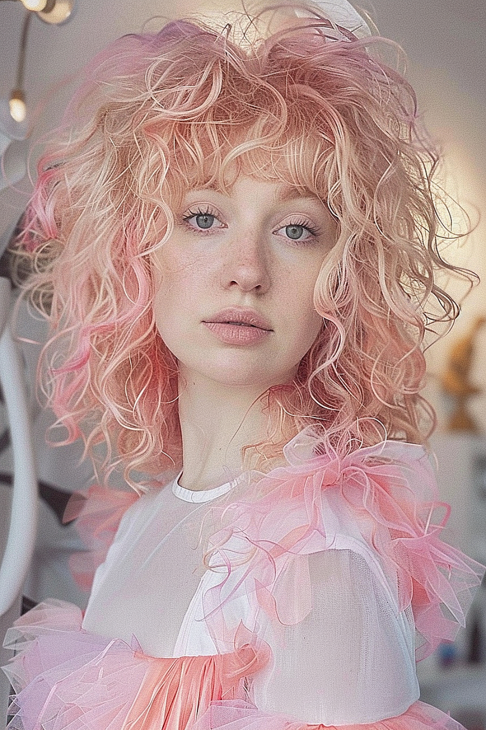 Curly shag haircut with pastel pink highlights and soft, bouncy curls