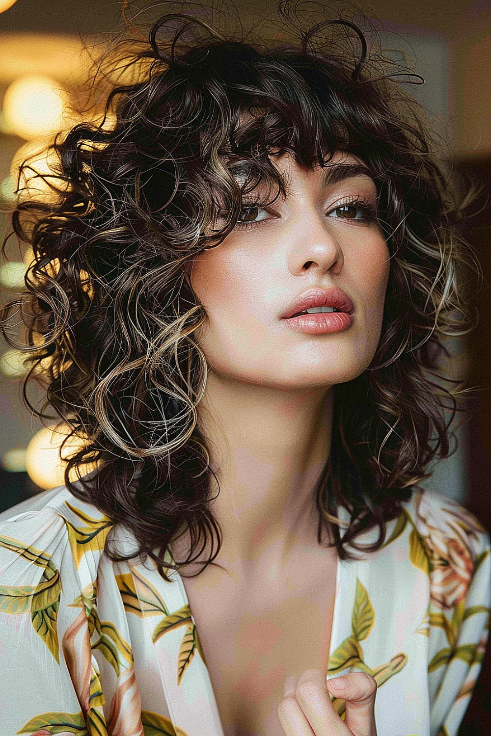 Curly shag haircut with tapered layers and textured bangs