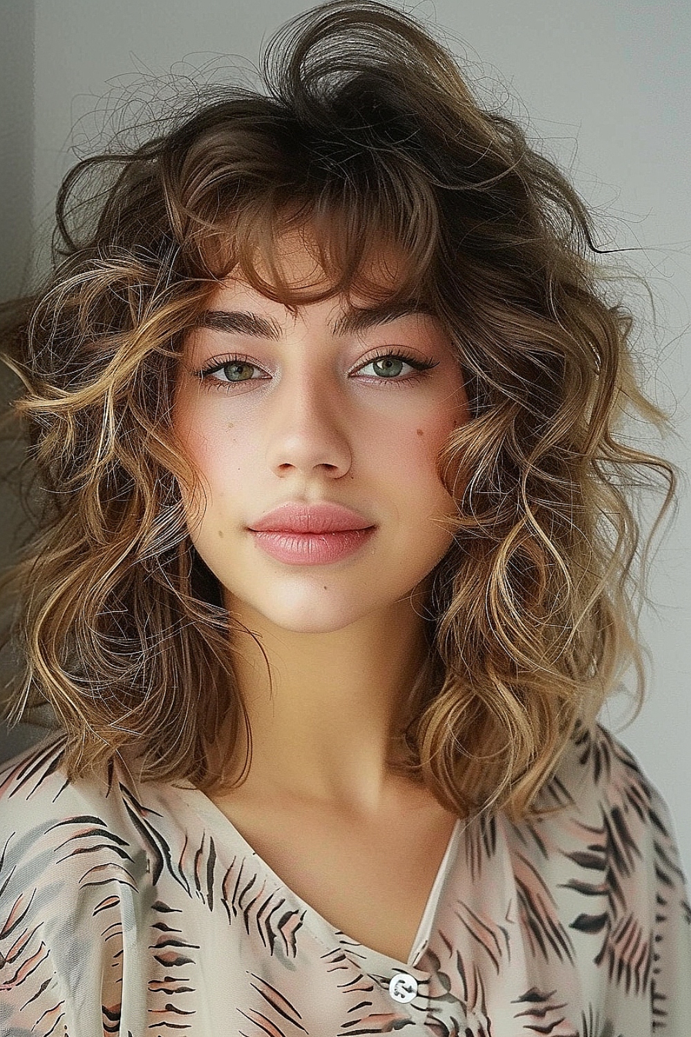 Curly shag haircut with tousled waves and soft bangs