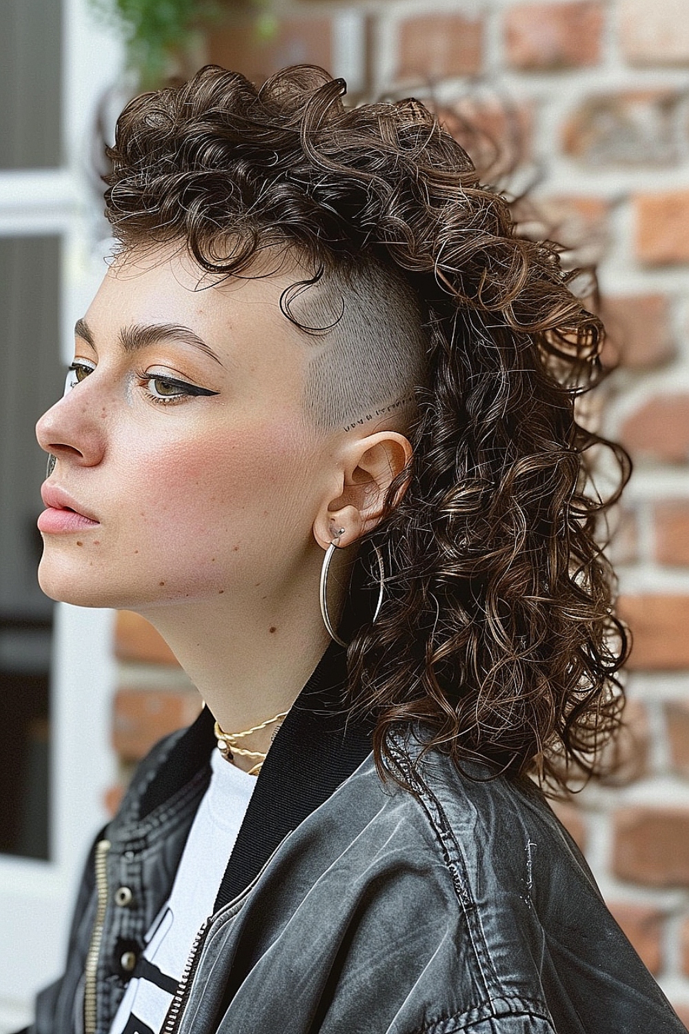 Woman with curly shag hairstyle featuring an undercut