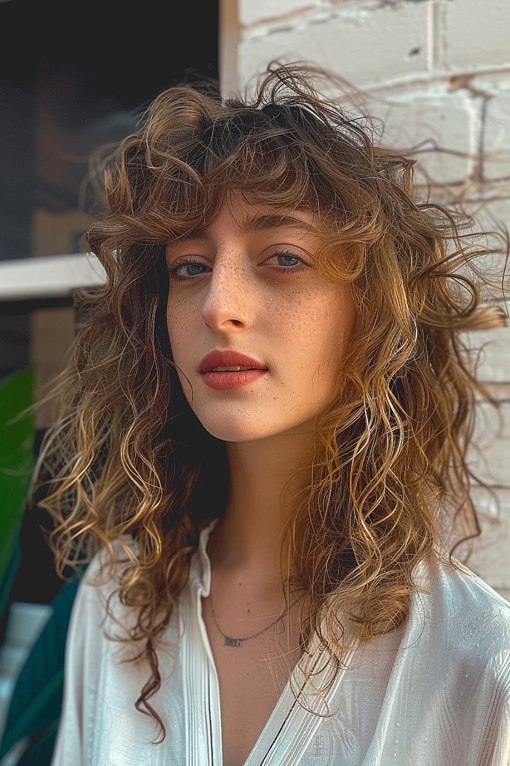 Woman with curly shag haircut featuring wispy ends and bangs