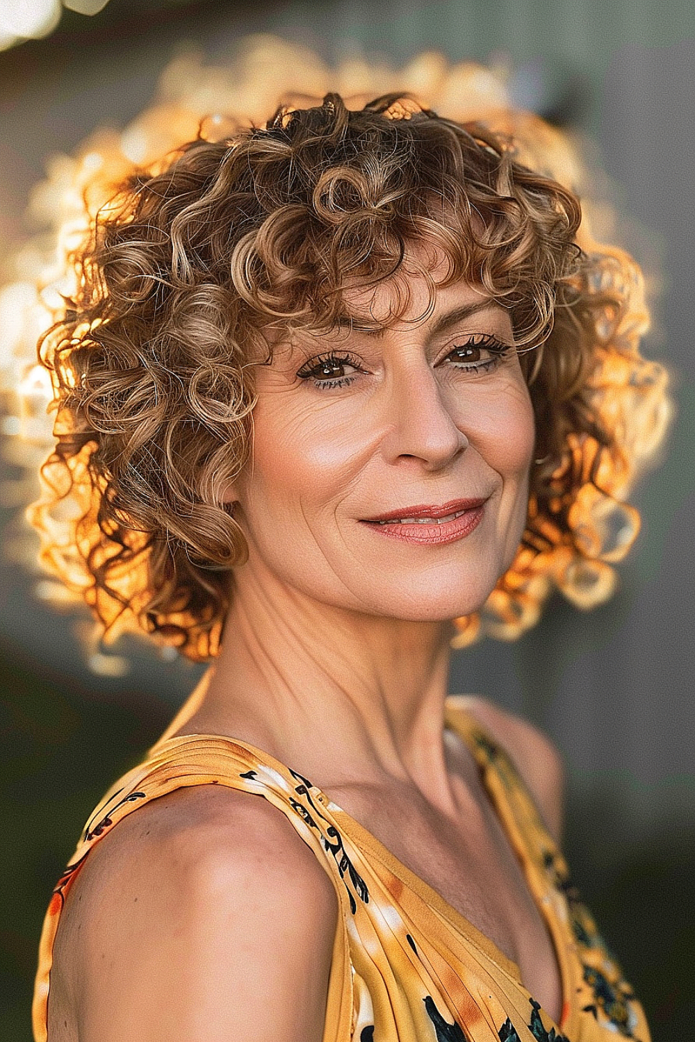 Woman with a curly short bob and layered bangs highlighted in golden tones