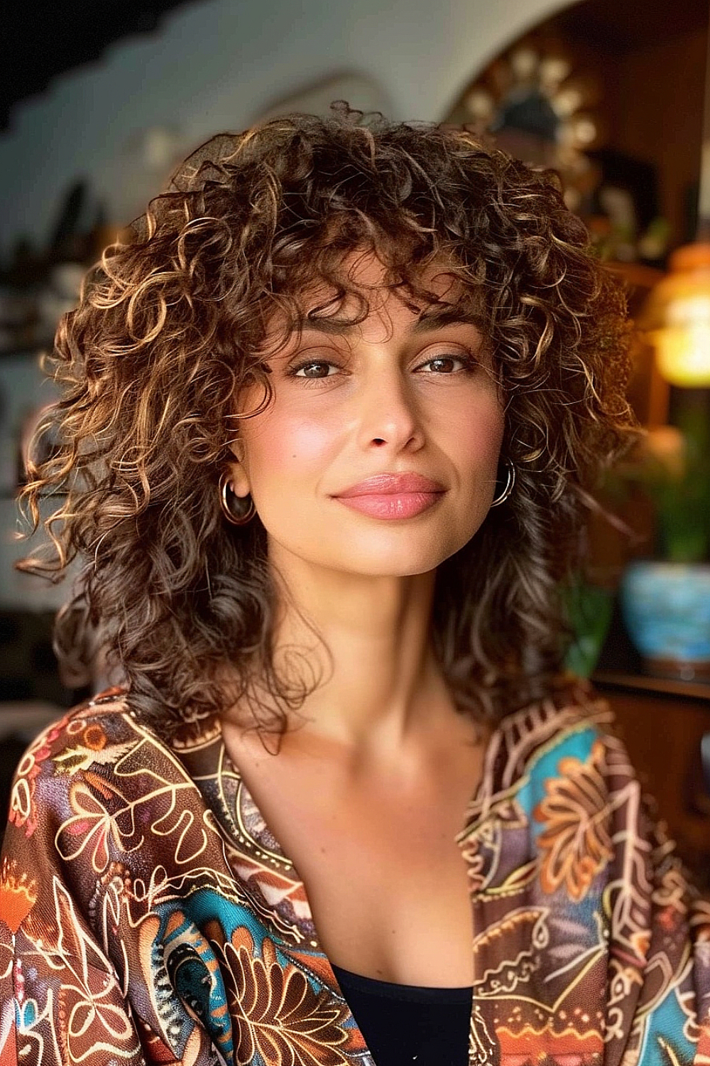 Woman with curly shoulder-length hair and wispy bangs